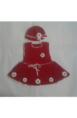 Handmade Graminarts Woonie Crochet Half Sleeve Baby Frock With Cap- Red