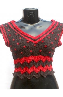 V-Neck Stylish Handmade Graminarts Woolen Blouse For Women - Red & Coffee