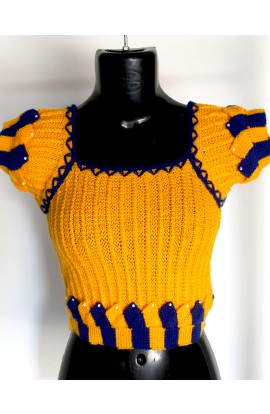 Beautiful Design Graminarts Handmade Woolen Knitted Women Blouse - Marigold & Navy Blue