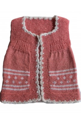 Woonie Crochet Handmade Half Sleeve Cardigan For New Born Baby- Baby Pink & White