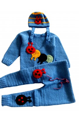 Unique and Beautiful Woollen Teddy Applique Design Handmade Sweater Set - Sky Blue