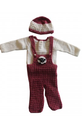 Unique Handmade Graminarts Jumpsuit Design Woolen Set For Baby Boy - Maroon & White