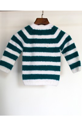 Woonie Knitted Beautiful Stripes Design Graminarts Full Sleeve Handmade Baby Boy Sweater- Pine & White	