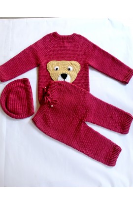 Graceful Handmade Design Sweater Set With Full Sleeve Sweater With Pant & Cap-Maroon