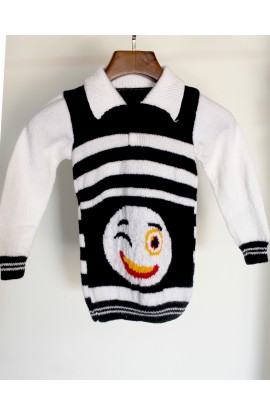 Graminarts Handmade Knitted Emoji Design Full Sleeve Sweater For Baby Boy-White & Black