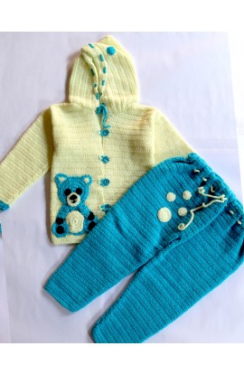 Graminarts Handmade Knitted Full Sleeve Hooded Sweater With Pant For Baby Boy- Banana & Carolina										