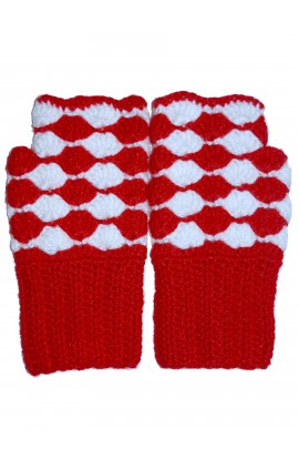 Graminarts Handmade woollen fingerless hand gloves for all medium adult hands-Red and White