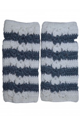 Unique Fingerless Woollen Long Knitted Arm Warmer White and Grey Combi Winter Gloves