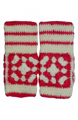 Graminarts Handmade Crochet Beautiful Women Cuff Gloves Sets- Hot Red with white