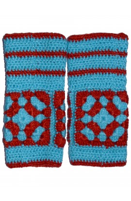 Unique and Beautiful Woollen Floral Design with Sky Blue And Red Handmade Fingerless Gloves 