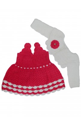 Handmade Woolen New Latest Design Frock With Short Cardigan For Little One - Violet Red & White
