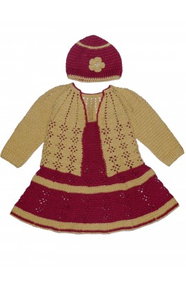 Beautiful Crochet Handmade Design Cardigan & Cap With Baby Frock - Maroon & Ecru