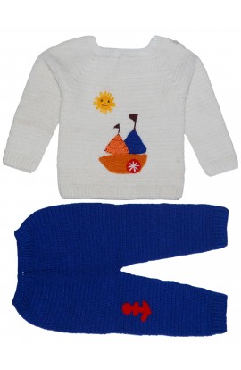 Graceful Handmade Design Full Sleeve Sweater Set With Pant For Baby Boy- White & Blue										