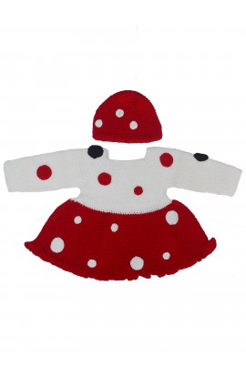 Beautiful Red & White Disney Style handmade Crochet Baby Frock With Cap
