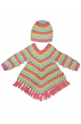Unique Ponchu Style Handmade Graminarts Frock For Baby With Cap- Multicolor
