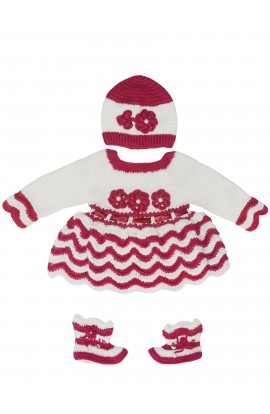 Woonie Crochet Beautiful Design Graminarts Full Sleeve Handmade Baby Frock- Maroon & White 