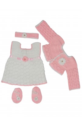 Handmade Woolen Crochet Baby Frock With Short Jacket Sweater Set (4Pcs Set) - White & Pink