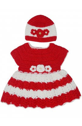 Woolen Crochet Design handmade Cap Sleeve Baby Frock - Red & White