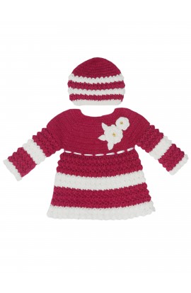 Graminarts Beautiful Handmade Crochet Design Frock With Cap For Baby Girl- Indian Red & White