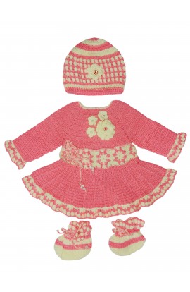 Full Sleeve Crochet Design Graminarts Elegant Frock For Baby Girl With Cap- Plumeria & Cream