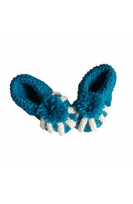 Good Quality Blue & White Color Hand Crochet Woolen Baby Booties For 0 - 12 Month