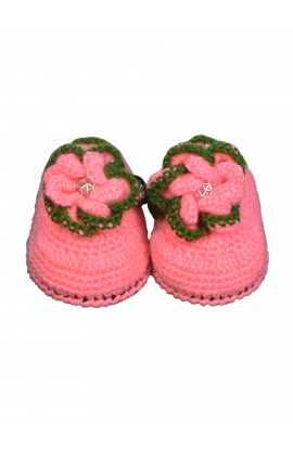 Pink Color Woolen With Beautiful Flower Handmade Baby Booties Size ( 0 - 6 M )