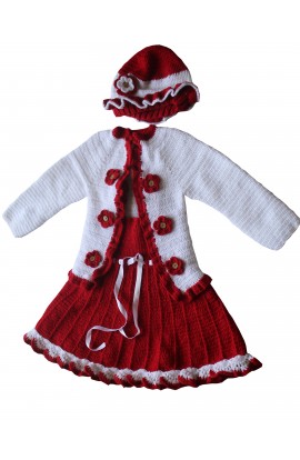Graminarts Baby Girl's Woolen Handmade Frock with Cap shrug with beanie Maroon and white combination