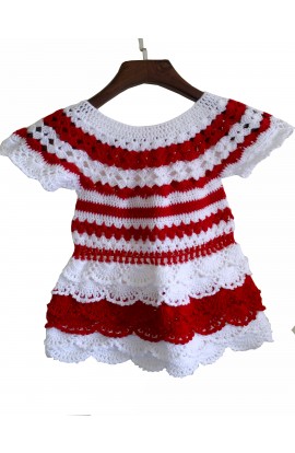Graminarts Handmade Crochet Woonie Short Sleeve Beautiful Dress For Baby Girl  White & Red