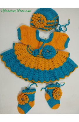 Handmade woolen frock design for baby girl 0-1 year Yellow and sky blue color with beatuful flower