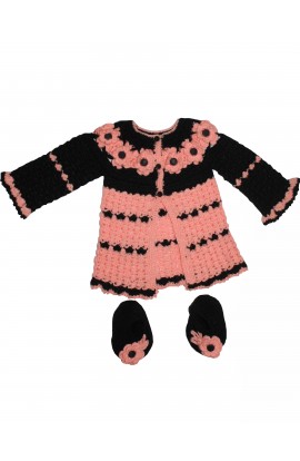 Woonie Crochet Handmade Beautiful Full Sleeve Cardigan On Front Flower Design - Dark Salmon & Black