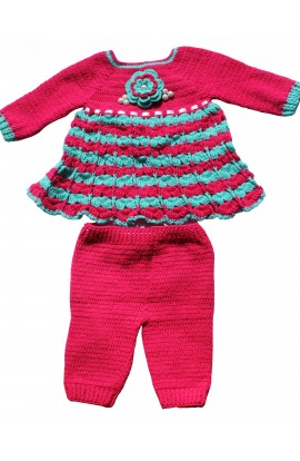 Woonie Handmade Graminarts Self Crochet Design Baby Frock With Pant- Red & Jungle