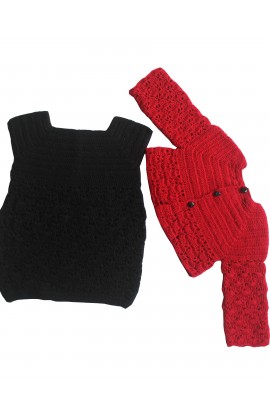 Unique and Beautiful Woollen One Piece With Short Jacket For Baby Girls - Red & Black