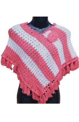 Handmade Unique Crochet Design Poncho For Girls/Women - Cerise & White