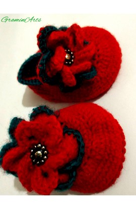 Graminarts Handmade Baby Booties Floral Desing In Red Color Size  0 - 6 Month