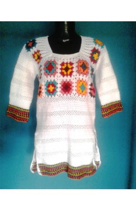 Unique and Beautiful Woollen White Base With Multicolor Design Kurti Handmade For Girls/Women