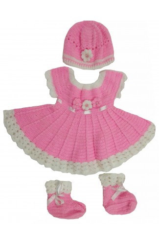 GraminArts new desing baby woolen frock set pink and white color