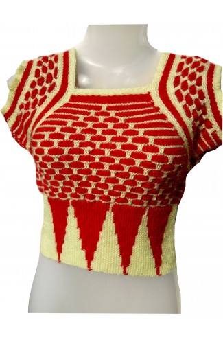 Beautiful Graminarts Self Design Handmade Knitted Woolen Ladies Blouse- Red & Cream 