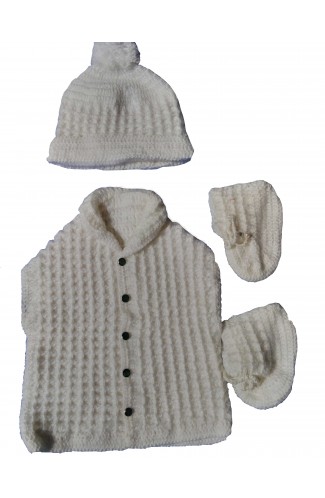 Graminarts Handmade Woolen Crochet Shawl Collar Half Cardigan For New Born Baby Boys- White