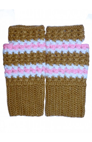 Graminarts Handmade fingerless multicolour cuffs white-pink line border with light brown