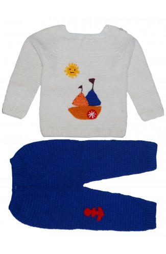 Graceful Handmade Design Full Sleeve Sweater Set With Pant For Baby Boy- White & Blue										