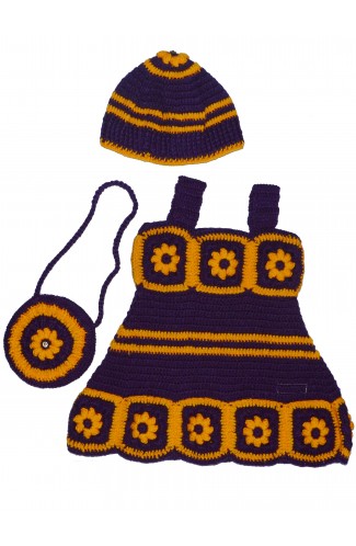 Newborn Baby Woonie Beautiful Crochet Design Sleeveless Frock - Dark Purple & Marigold