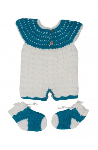 Handmade Graminarts Woolen Crochet Design Jumpsuit For New Born Baby Girl- White & Teal 