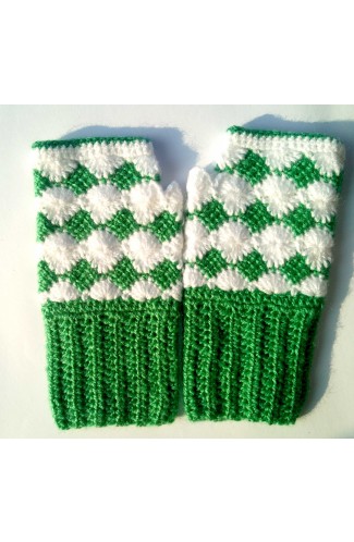 New Winter Warm Fingerless Handmade Boot Cuff Gloves -Parrot Green and White